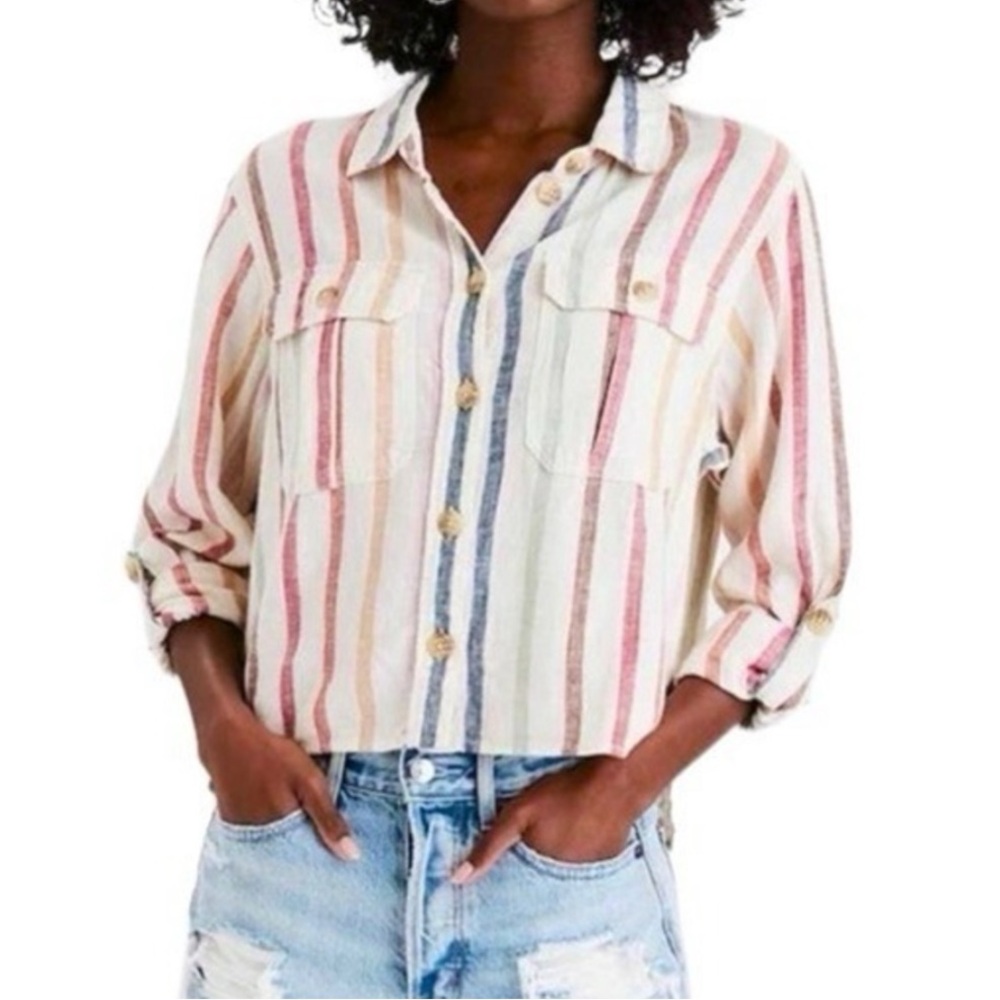 American Eagle Outfitters Cream Button-Down Shirt with Multicolor Stripes